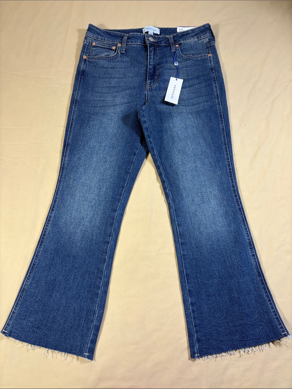 POPSUGAR Medium Wash High Rise Raw Hem Stretch Denim Flare Jeans Size 12 NWT